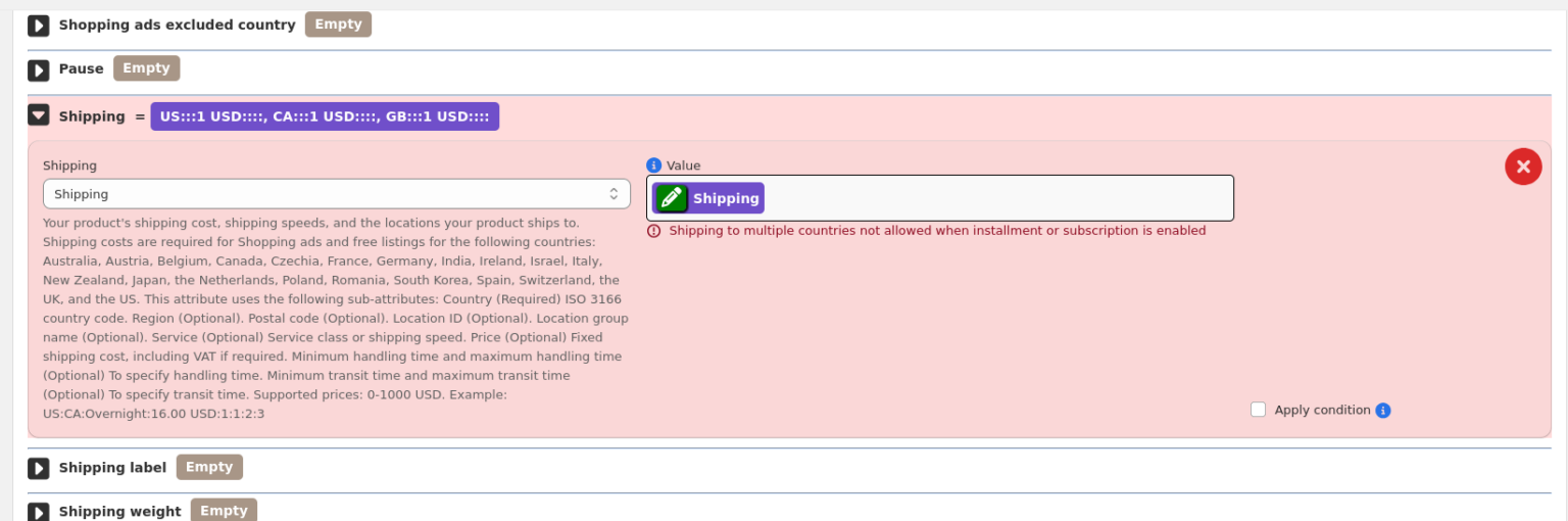 Shipping validation error